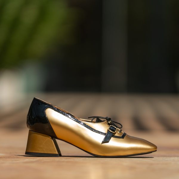 Pantofi Dama cu Toc Gros Unique Gold - imagine 1