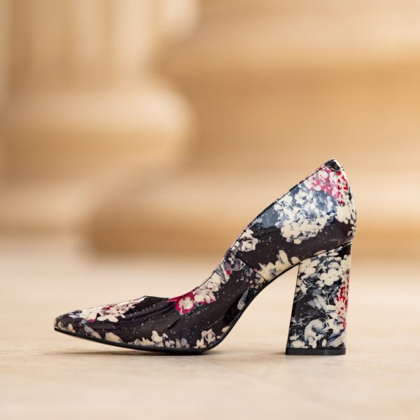 Pantofi Dama cu Toc Gros Black Flowers - imagine 3