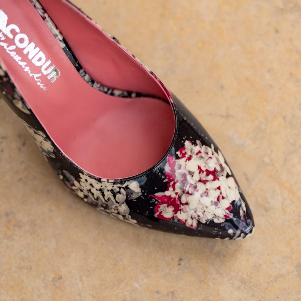 Pantofi Dama cu Toc Gros Black Flowers - imagine 2